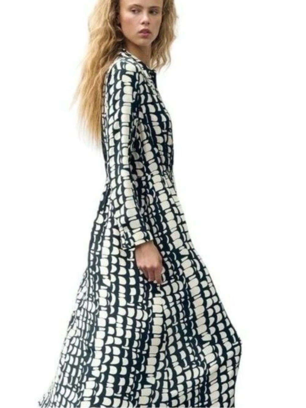 Zara Geometric Print Shirt Dress XXL Black White Abstract Mod Maxi Button Front - Picture 2 of 13